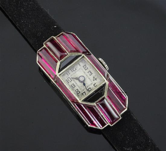 A ladys 1930s Art Deco continental 18ct white gold and synthetic ruby set cocktail watch,